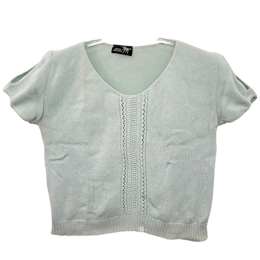 Silver‎ Unicorn Vintage Aqua Blue Cold Should Short Sleeve Knit Top Sweater